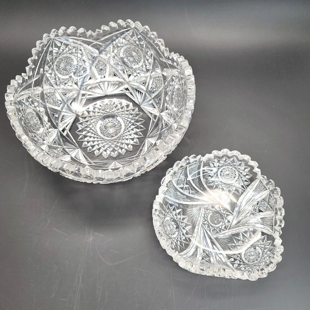 Cut Glass Bowls Set Of 2 With Intricate Starburst Design American Brilliant  JY2